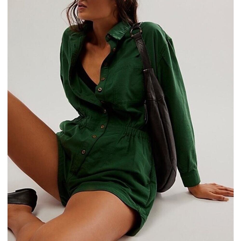 Free People Oxford Romper Women’s Large 100% Cotton Casual Collared Long Sleeve